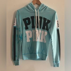 Pink women’s hoodie front kangaroo pockets few hand tie dye blue. XS